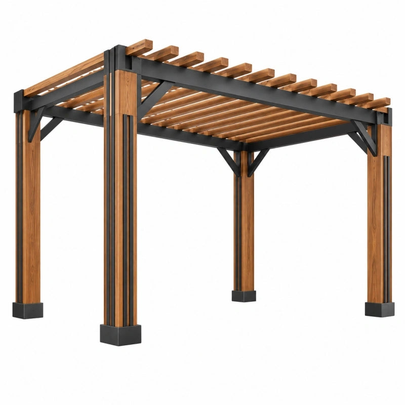 Pergola 300 x 300 x 230 cm en bois et métal brun noir à lames ajourées pour jardin