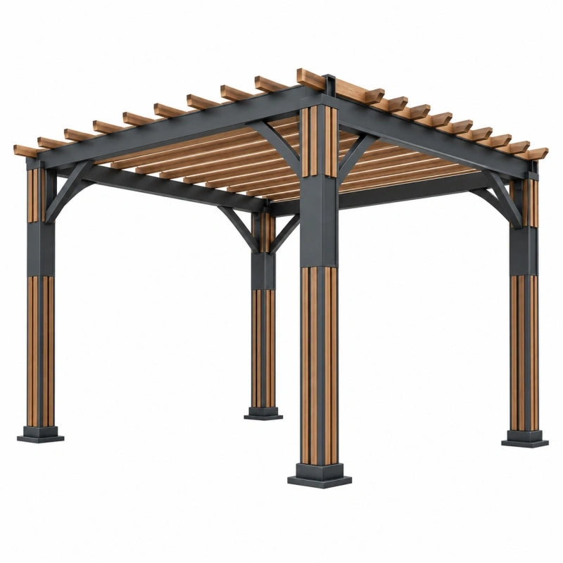 Pergola 300 x 300 x 230 cm en acier et bois noir/marron à lames ajourées pour jardin