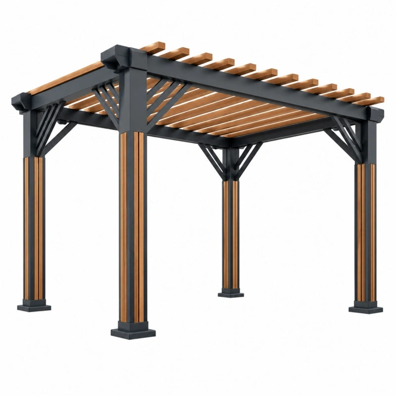 Pergola de jardin 300 x 300 cm en acier et bois noir naturel à lames ouvertes