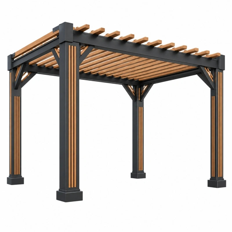 Pergola de jardin 300 x 300 cm en métal et bois noir naturel à toit ajouré