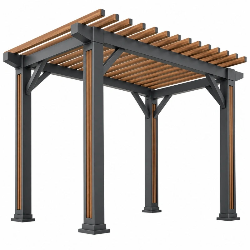 Pergola 300 x 300 x 240 cm en métal et bois noir/marron pour extérieur style contemporain à toit ajouré