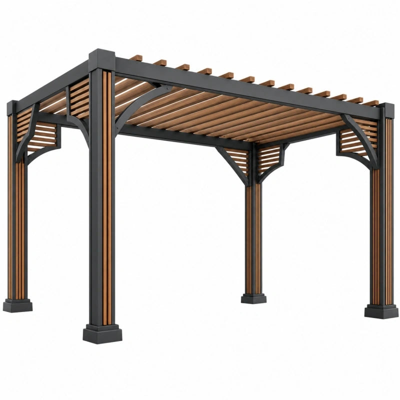 Pergola de jardin 300 x 300 x 250 cm en métal et bois noir/marron à lames ajourées