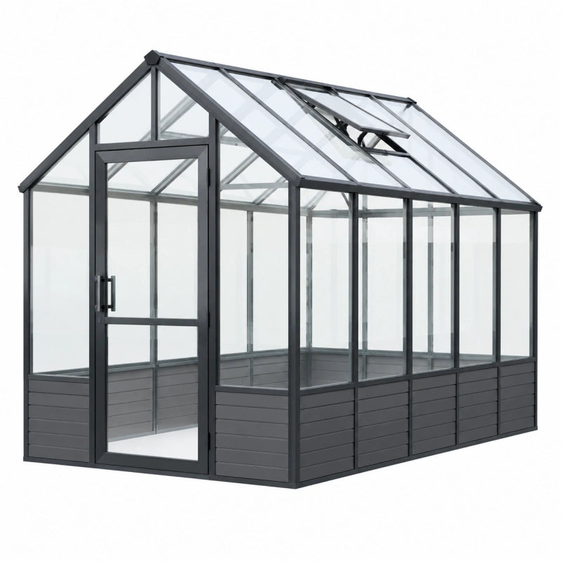 Serre de jardin 240 x 190 x 195 cm en aluminium noir et panneaux transparents avec lucarne ouvrante