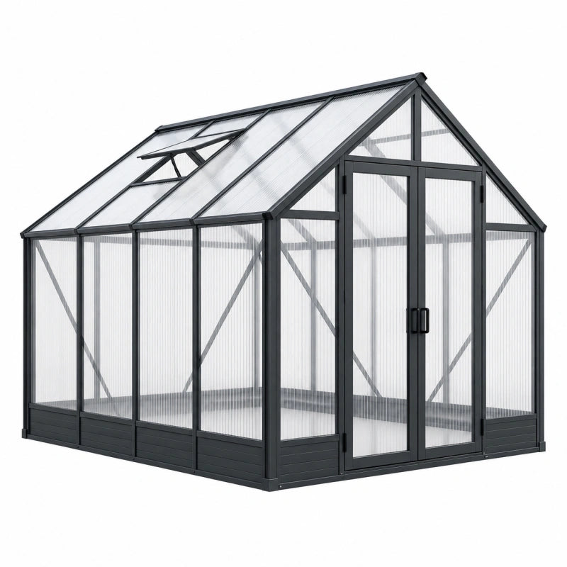 Serre de jardin 190 x 190 x 195 cm en aluminium noir et polycarbonate transparent avec lucarne