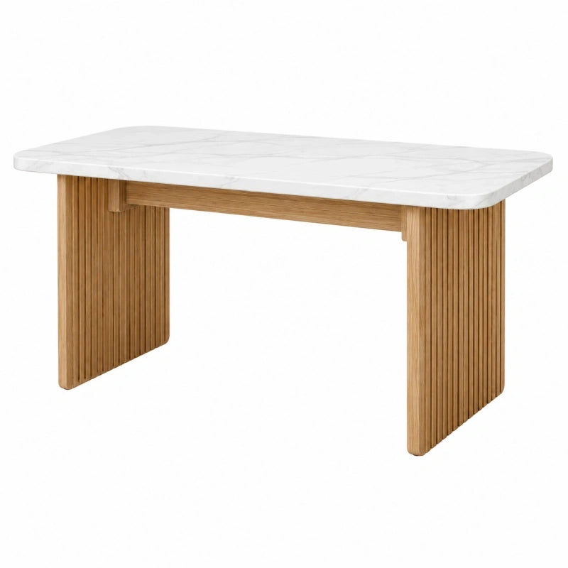 Table à manger 140 x 80 x 75 cm bois naturel et plateau blanc aspect marbre style contemporain