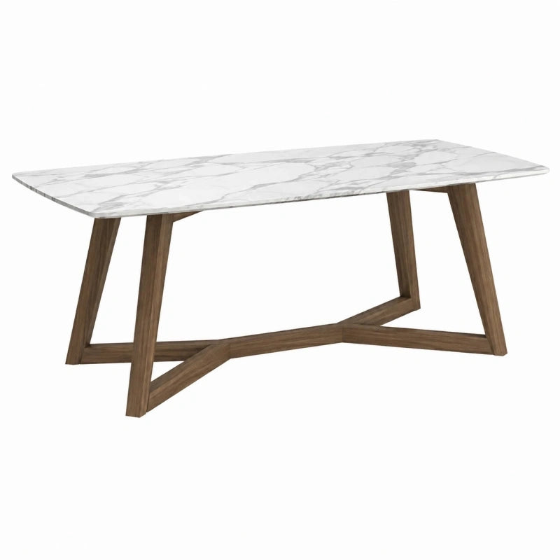 Table à manger 180 x 90 cm en céramique effet marbre blanc et bois brun - Style contemporain