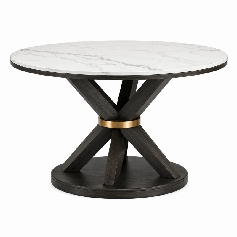 Table à manger ronde Ø120 cm effet marbre blanc et bois noir style contemporain