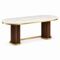 Table à manger ovale 200 x 100 cm aspect marbre blanc pieds striés en bois style contemporain