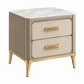 Table de chevet 50 x 40 x 55 cm en tissu beige avec plateau aspect marbre et pieds dorés style contemporain