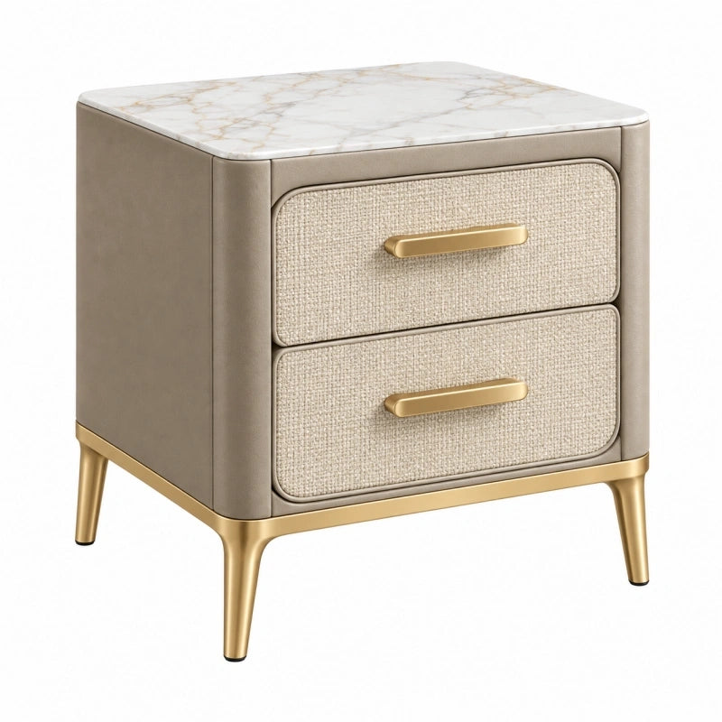 Table de chevet 50 x 40 x 55 cm en tissu beige avec plateau aspect marbre et pieds dorés style contemporain