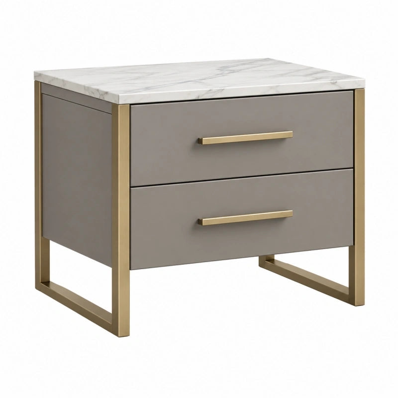 Table de chevet 50 x 40 x 55 cm en panneaux gris avec plateau effet marbre et structure métal doré style contemporain