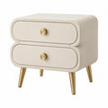 Table de chevet 50 x 40 x 55 cm en tissu beige avec 2 tiroirs et pieds métalliques dorés
