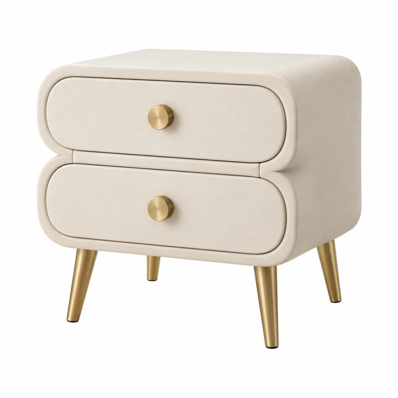 Table de chevet 50 x 40 x 55 cm en tissu beige avec 2 tiroirs et pieds métalliques dorés