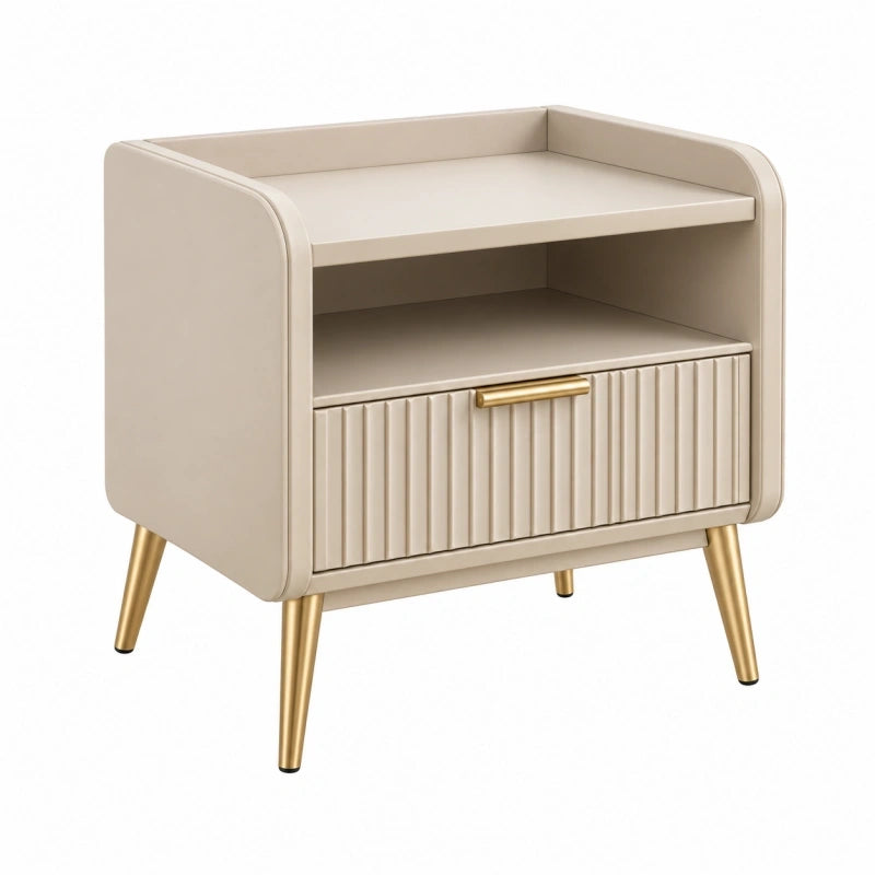Table de chevet 55 x 40 x 60 cm beige et doré en panneau de bois avec rangement style contemporain