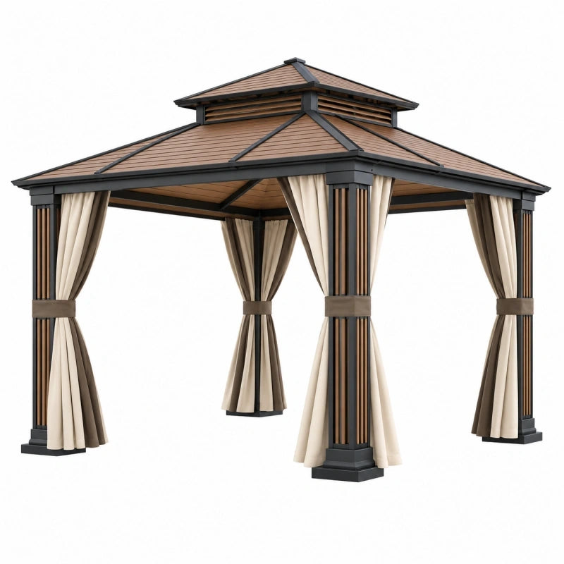 Tonnelle de jardin 300 x 300 cm en métal noir et brun avec rideaux style pavillon