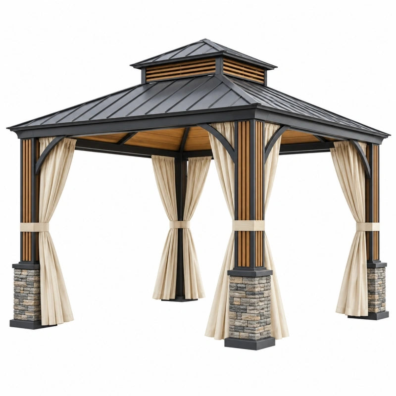 Tonnelle de jardin 300 x 300 cm en métal noir et bois avec rideaux style pavillon