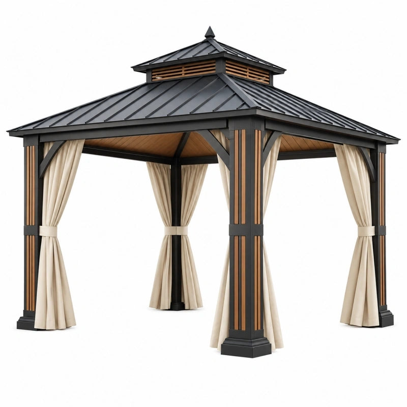 Tonnelle de jardin 300 x 300 x 290 cm métal noir beige avec rideaux style pavillon