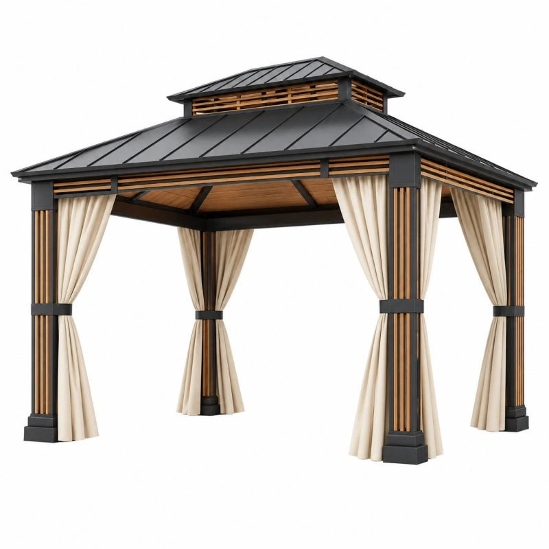 Pavillon de jardin 300 x 300 x 300 cm en métal noir avec rideaux beiges style contemporain