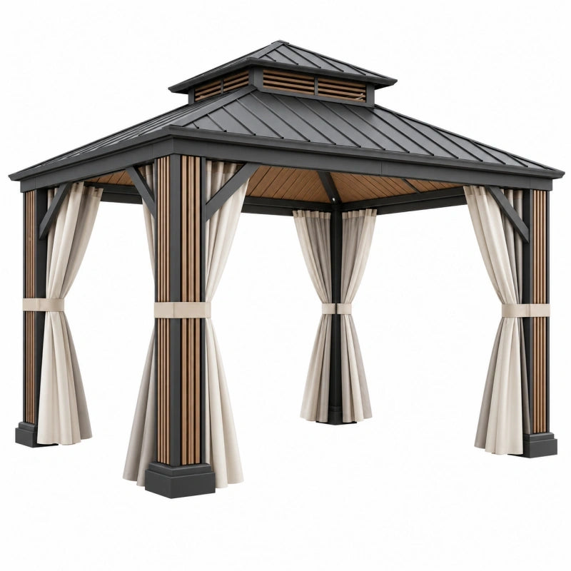 Pavillon de jardin 300 x 300 x 300 cm en métal noir avec rideaux style contemporain