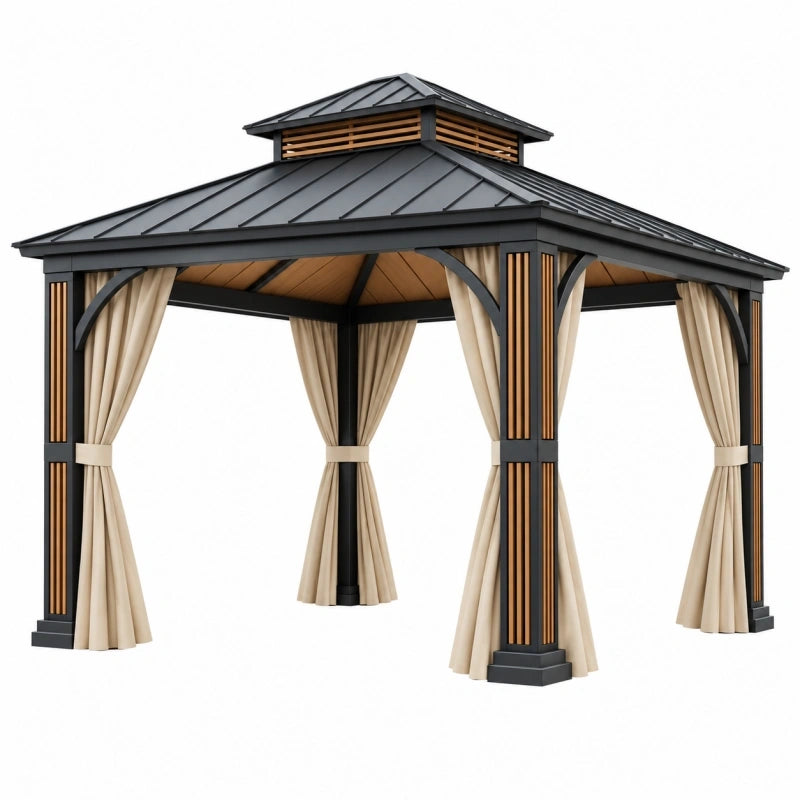 Tonnelle de jardin 300 x 300 cm acier noir rideaux beiges style pavillon