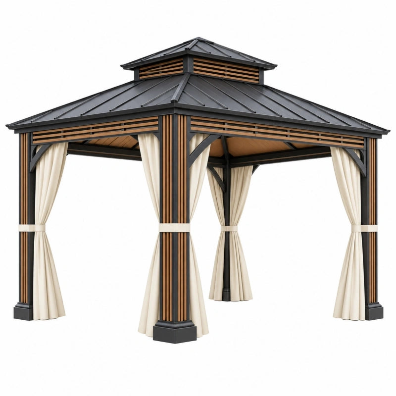 Tonnelle de jardin 300 x 300 x 290 cm en acier noir et brun avec rideaux toit rigide