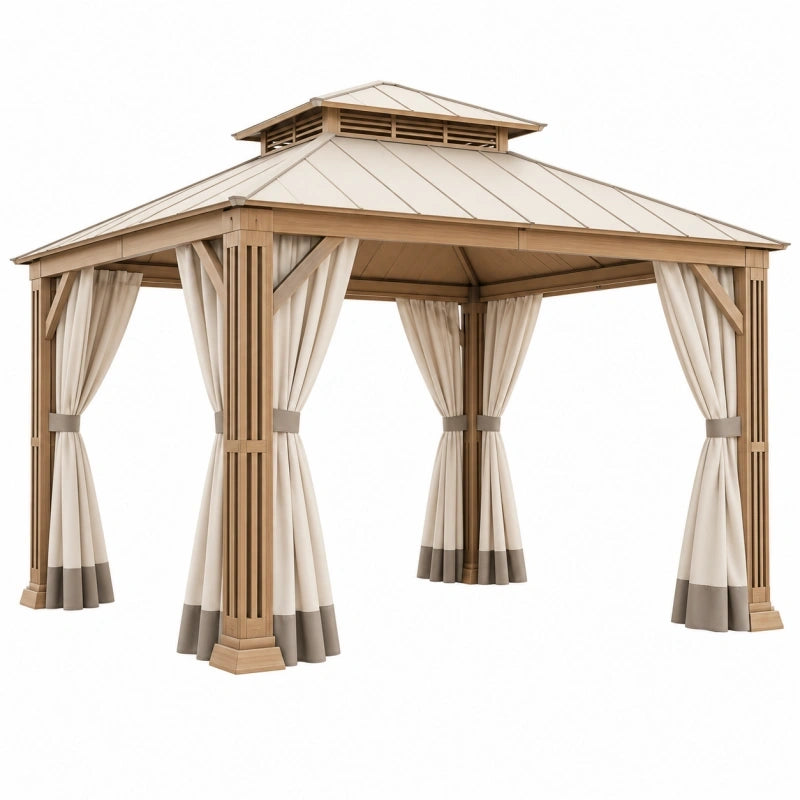 Tonnelle de jardin 300 x 300 x 300 cm en bois métal beige avec rideaux